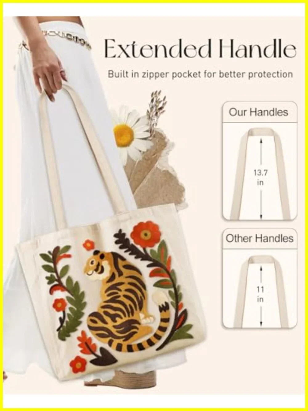 Linen Canvas Embroidery Tote Bag with Pocket, Reusable Shopping & Travel Bag